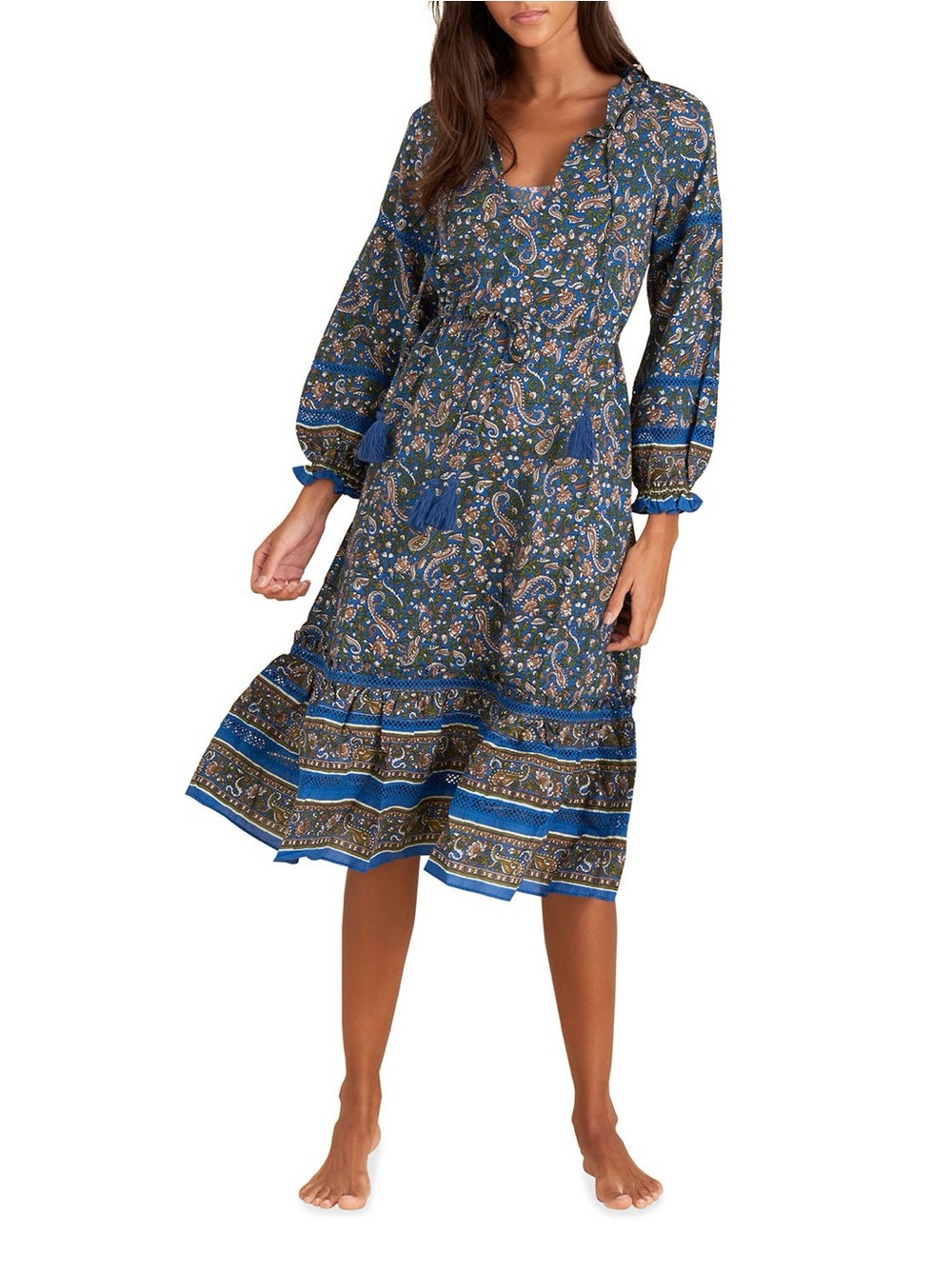 Veronica Beard Sahana Paisley Midi Dress Blue Tassel Belt Cotton XS